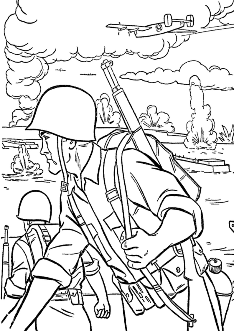 kolorowanka wojsko żołnierze walczący na froncie II Wojny Światowej, malowanka do wydruku dla chłopców nr 13
